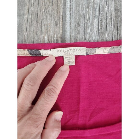 BURBERRY BRIT Dark Pink Cotton Jersey 3/4 Sleeve Plaid Cuff T-Shirt Sz S. Top - Picture 5 of 7